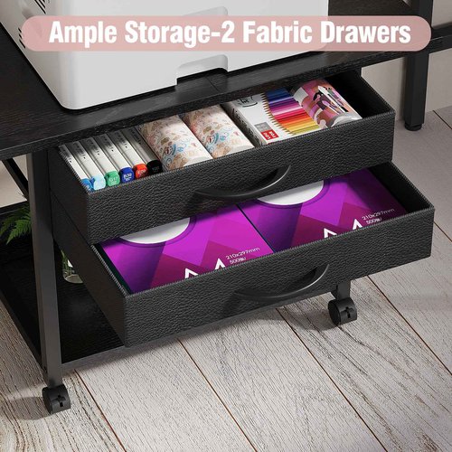 VENNQD Large Printer Stand with Storage Fabric Drawer Under Desk Printer Table with Wheels for Home Office, Printer Cart fit Fax Machine Scanner 23.4"x15.7" (Black, 2 Tiers)