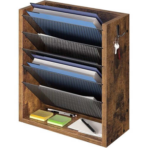 Creso hom Hanging Wall File Organizer, 6 Tier Wood Wall File Holder with 2 Hooks, Mail Organizer Wall Mounted with Bottom Flat Tray, Vertical Paper Desk Storage for Office, Home, Rustic Brown