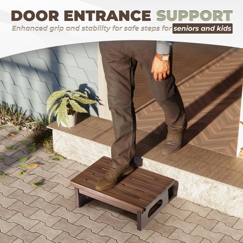 2BHOME Wooden Step Stool, 5.3" One Step Stool for Adults with Built-in Handle, Supports up to 550lbs, Durable & Non-Slip Bedside Stool for Bedroom, Kitchen, Bathroom or High Beds