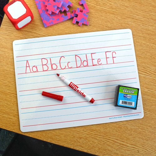 Flipside Products 9" x 12" Two Sided Dry Erase Red & Blue Lined, Color Markers and Erasers, Ruled, Learn to Write, Writing Practice, Pack of 12