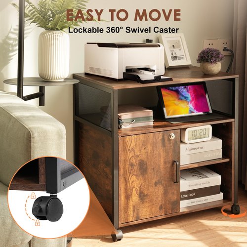 Rengue Lateral File Cabinet,Locking Office Filing Cabinets with Socket and USB Charging Port,Mobile Printer Table with Wheels for Home Office Storage and Organization,Height Adjustable Storage Shelf