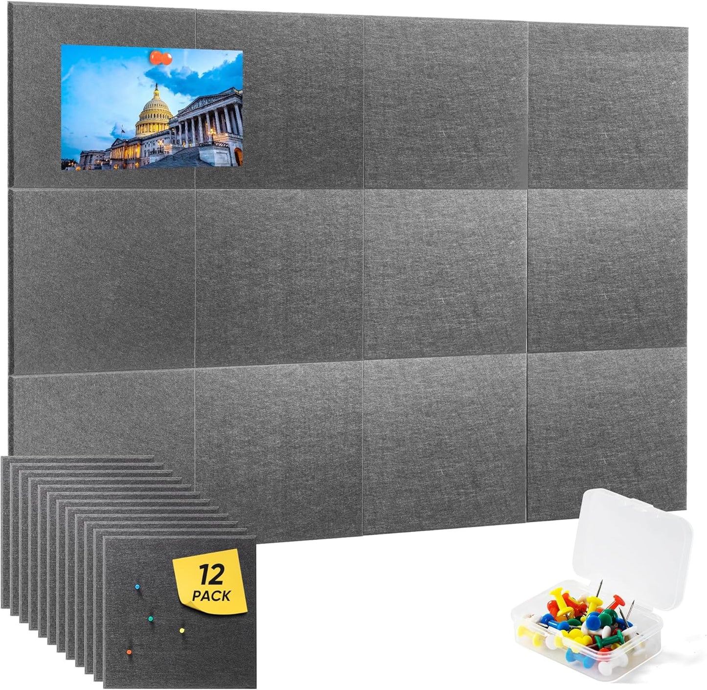 VUSIGN Large Cork Board - 47"x35" Bulletin Board with Adhesive Tabs & Push Pins | Grey Felt Wall Tiles