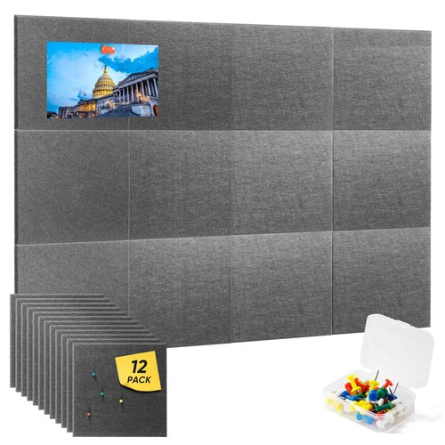 VUSIGN Large Cork Board for Wall 47"x35", 12 Pack Bulletin Board, Felt Wall Tiles with Adhesive Tabs and Push Pins, Push Pin Board for Office, School, Home, Grey