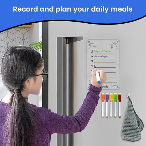Skiennix Acrylic Magnetic Menu Planner - Clear Dry Erase Board for Weekly Meal Planning & Grocery List