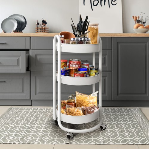 HOMESTEAD Round Rolling Side Table Cart, 3 Tier Metal Utility, 60 lb Heavy Duty, 15″ Diameter, Lockable 360° Casters, Powder-Coat Storage for Kitchen, Bedroom, Office, Bath 15.7" x 14.9" x 31.5" White