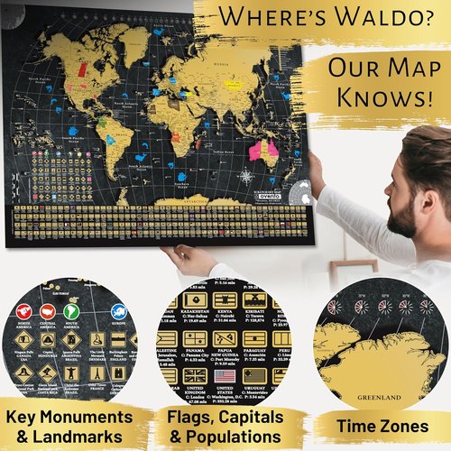 OVANTO Scratch Off World Map - 17x24” USA Map Wall Art with 196 Flags & Gold Foil | Perfect Gift for Travelers