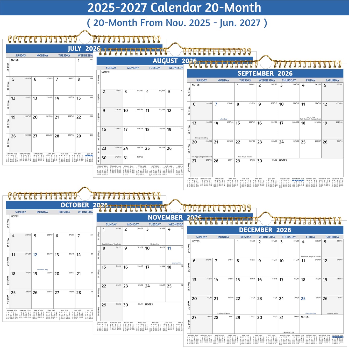 Wall Calendar 2026-2027 – Run Now to Jun 2027, 18 Monthly Calendar 2026-2027, 11 x 8.5 In, Small Monthly Calendar Wall, with Thick Paper, Holidays, Julian Dates ＆ Notes, Colorful Design