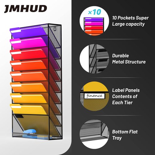 JMHUD 10 Tier Wall File Organizer, Hanging Wall Mount File Holder Paper Folder Mail Organizer, Mesh Metal, Black 2Pack