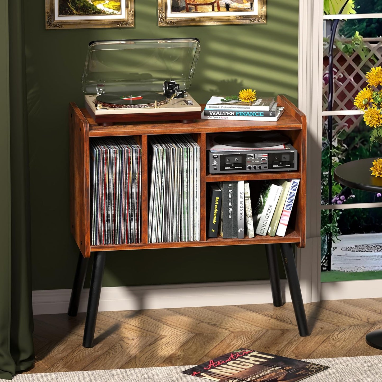 Skiennix Mid-Century Record Player Stand - Vinyl Storage for 150+ Albums | Adjustable Shelves, Brown