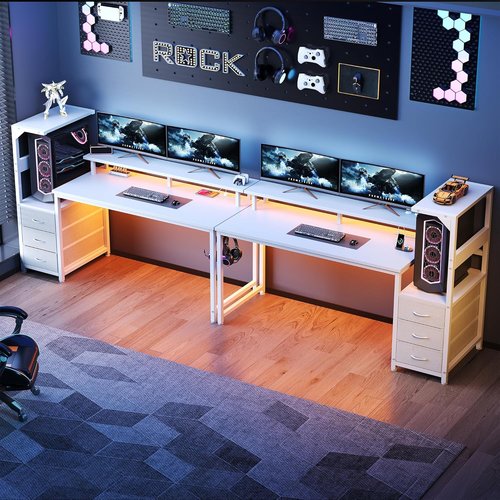 DUMOS L-Shaped Gaming Desk - White Computer Desk with LED Lights & Storage Drawers | 59" Dual Monitor Setup