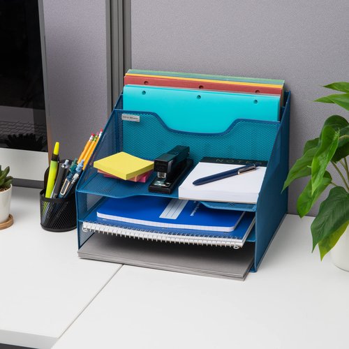 Mind Reader Metal Mesh Desktop File Organizer, 3-Tier Paper Tray with 5 Compartments, Office Mail Sorter, Turquoise
