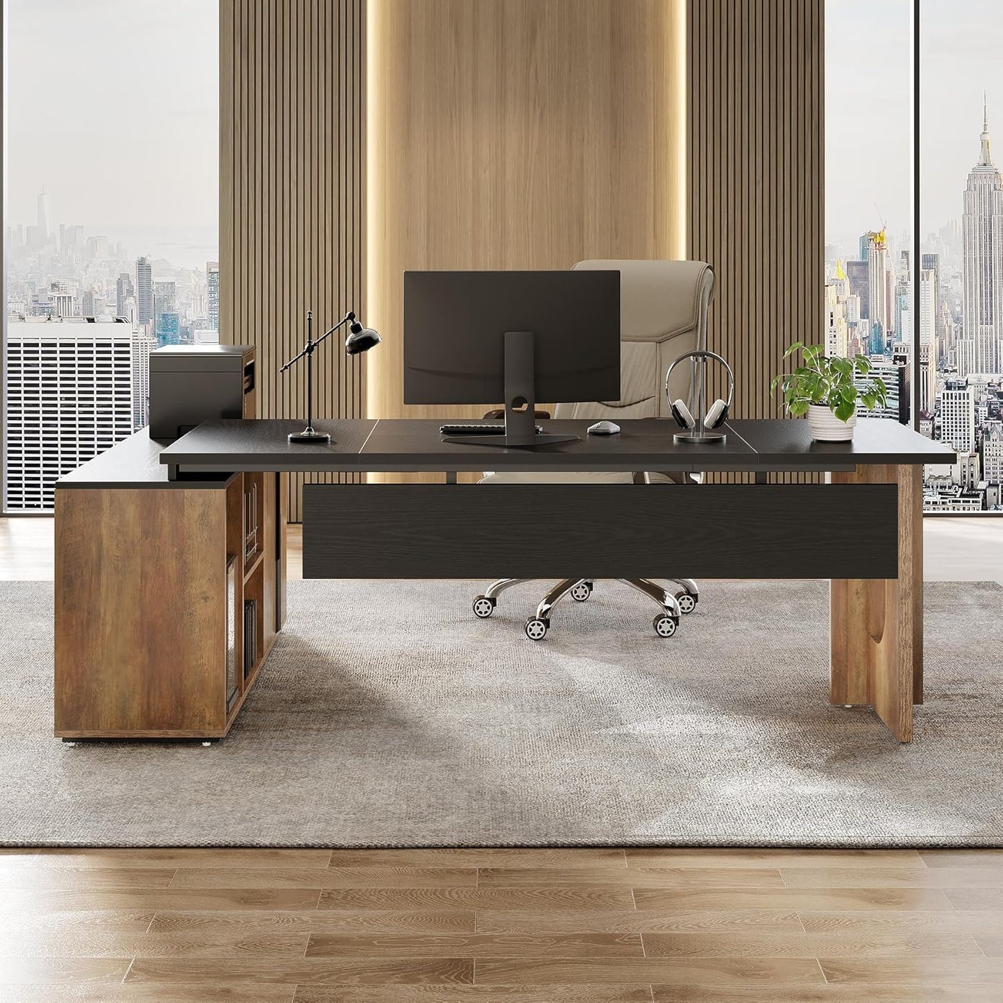 LITTLE TREE 74-Inch Executive L-Shaped Desk with Storage Cabinet & Shelves, Large Home Office Computer Desk, Modern Business Workstation for Professionals (Brown & Black)