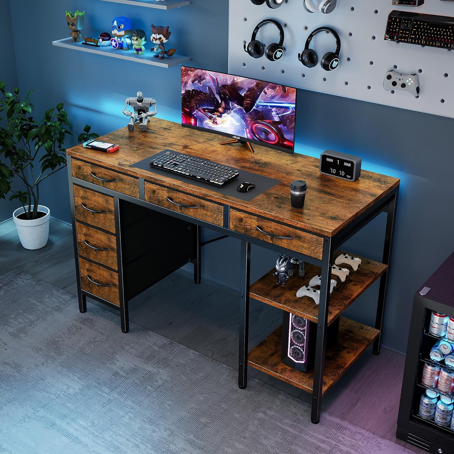 Sweetcrispy 47" Computer Desk - Rustic Brown Home Office Gaming Desk with 6 Drawers & Storage Shelves