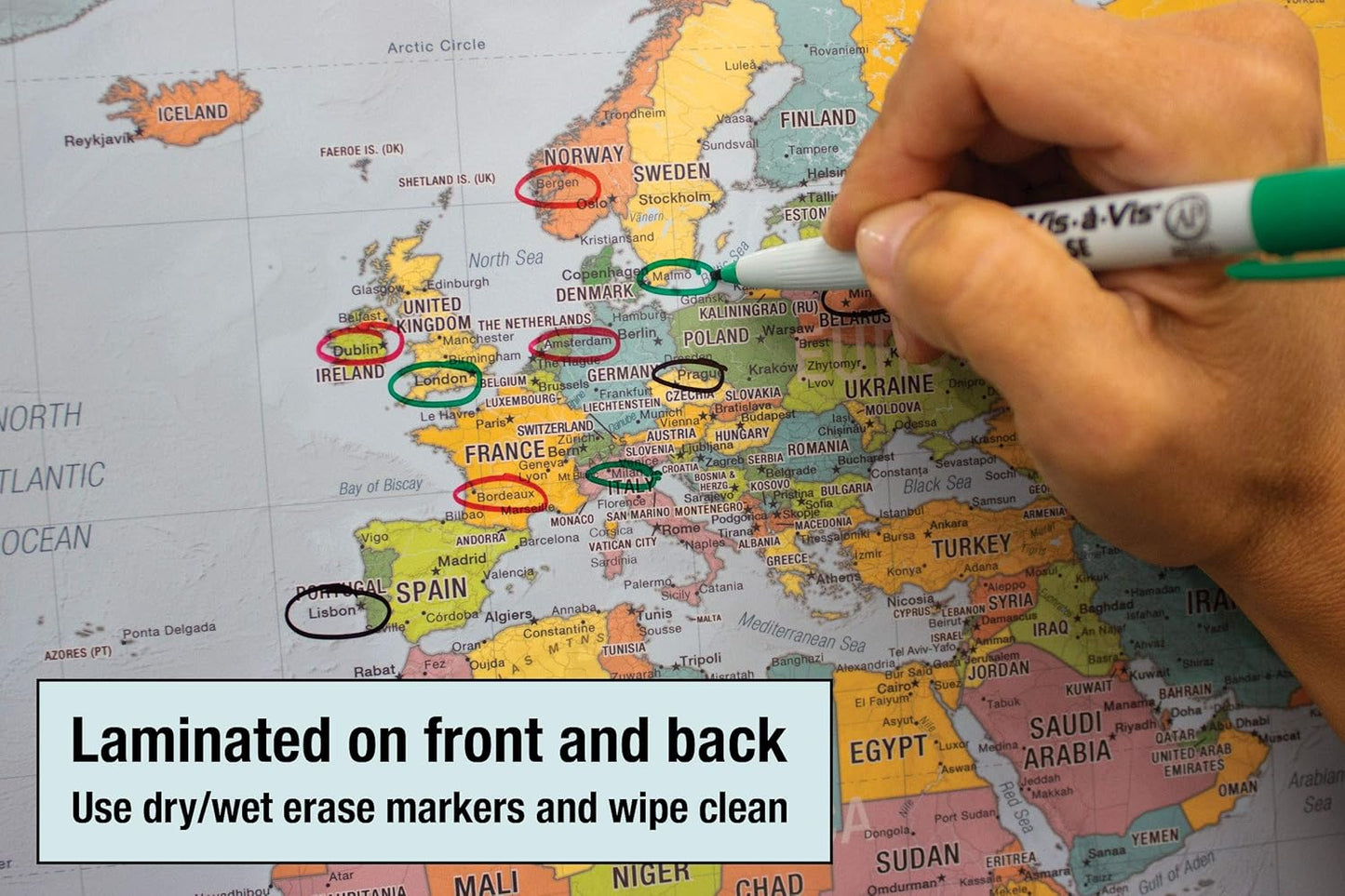 World Voyager Map Poster by Laminated - Bright Style with Clear Location Labels | 36” x 24” | Perfect for Home or Classroom