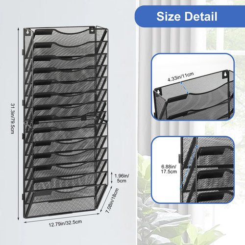 EasyPAG 14 Pocket Wall File Organizer, Black | Metal Mesh Wall Mounted File Holder | Assembly Hanging Mail Organizer | Replaceable Classify Labels | Office Home Letter Size Paper Storage