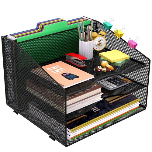 Solinxe 3 Tier Paper Organizer, Mesh Letter Tray Desktop Organizer with Hanging File Folders Holder, Office Organization and Classroom Storage, Black
