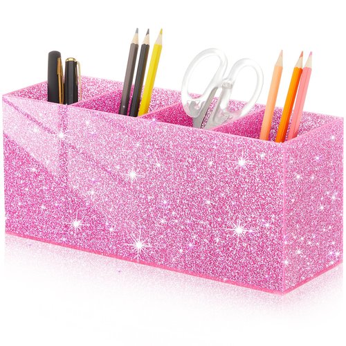 Jetec Glitter Pen Holder Bling Makeup Brush Organizer Office Desk Accessories for Women Girls with 4 Compartments Sparkly Desktop Decoration Birthday Back to School Gifts(Pink)