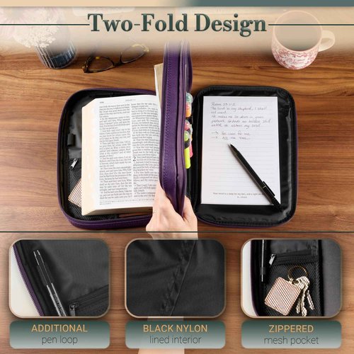 Christian Art Gifts Inspirational Vegan Leather Two-fold Organizer Bible Cover for Women, Jesus Fish Badge, Sturdy Carry Handle, Pen Loops, Pockets, Pen/Highlighter Combo & Notepad, Purple, Large