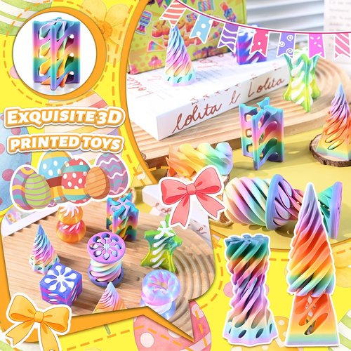 Skiennix 3D Printed Fidget Toys - Rainbow Gradient Spiral Cone & Gear Set | 8-Pack Sensory Stress Relief Gifts