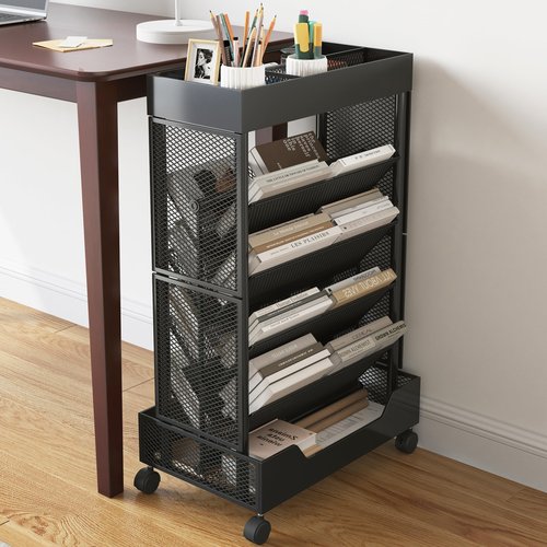 COVAODQ Book Cart with Wheels Mobile Bookshelf Rolling Bookshelf Organizer Bookcase Book Storage Rack, Book Movable Rolling Carts with Wheels for Home School Office 5-Tier, Black