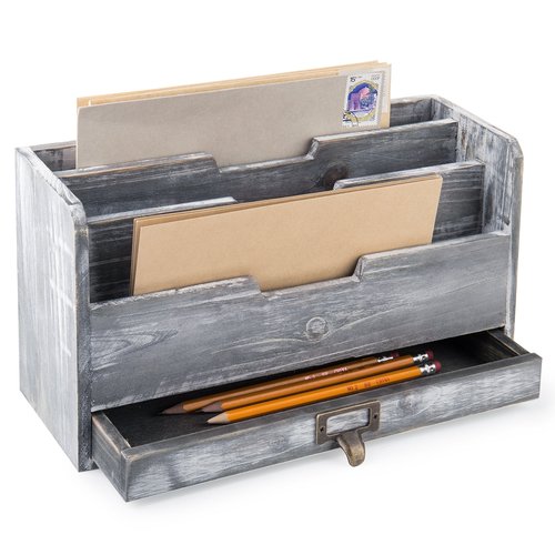MyGift 3 Slot Rustic Dark Gray Wood Office Desk File Organizer Holder, Desktop Mail Letter Sorter Tray Document Holder with Pull-Out Storage Drawer