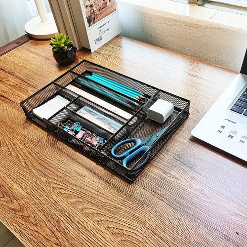 WenkeDigi New Desk Drawer Organizer, Desk Organizer,Metal Mesh Office Drawer Organizer Tray, 6 Compartments for Office School Home,12.6 x 8.27 x 1.57 inch, Black (1pc pack)