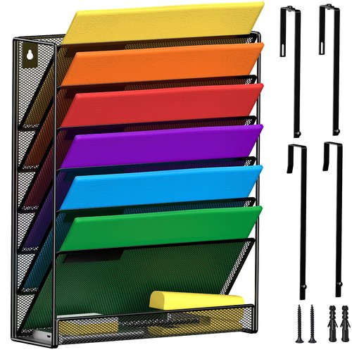 MINDEPOT 7-Tier Wall Hanging File Organizer Cubicle Hanging Organizer Mount File Holder, Mesh Magazine Document Mail Organizer Wall Organizer for Office School Home, Black
