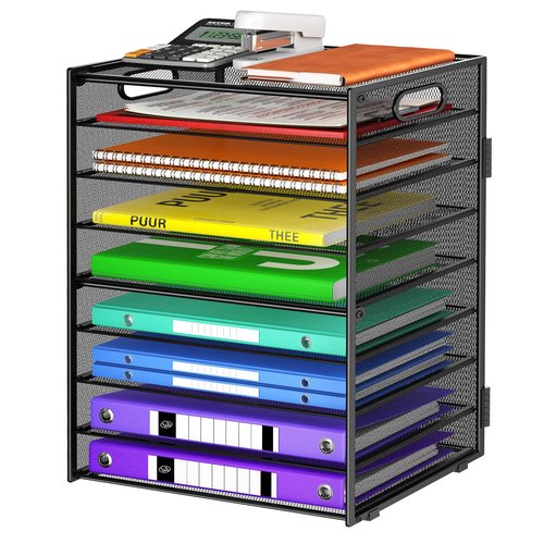 Cawukege 9 Tier Paper Organizer with Handle, Large Capacity Desk Organizer Mesh File Folder Letter Paper Tray Desktop Document Sorter for Classroom, School, and Office Accessories Organization- Black