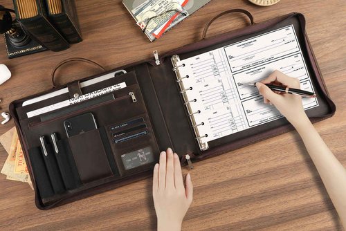 Handmade Leather Business Checkbook Binder - 7 Ring Check Binder with Handle, Check Holder Checkbooks for Business Checks for 3 Per Page 600 Checks Capacity for 9 x 13 inch Sheets, Dark Kahki