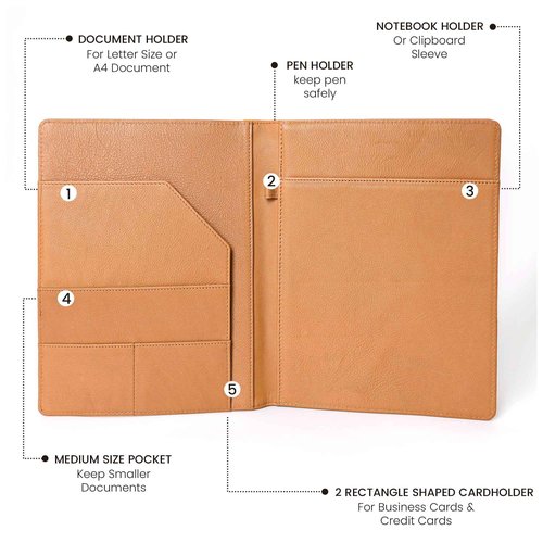 Merbaa Handmade Leather File Folder – Premium Cowhide Leather Resume Holder for Men & Women – A4/Letter Size Organizer with Pockets – Document Case for Office, Interviews, Meetings (Tan)