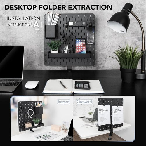EHO Clamp-On Desk Pegboard, 13.5 x 14 inch Privacy Divider, Desk Partition Panel, No-Drill Desk Mounted Organizer, Combination Peg Board for Office, Gaming, Home, Plants, Black