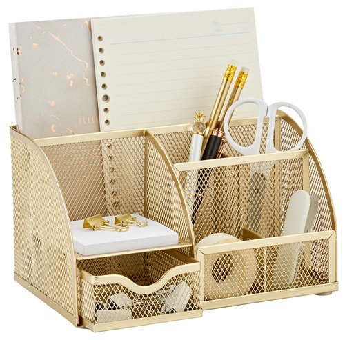 Annova Mesh Desk Organizer Office with 7 Compartments + Drawer/Desk Tidy Candy/Pen Holder/Multifunctional Organizer (Gold)