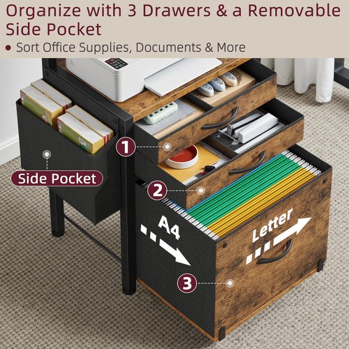 HIGDBFE 3-Drawer File Cabinet, Filing Cabinet with 2-Tier Printer Shelves, Office Cabinets with Side Bag&File Drawer for A4/Letter Size, Printer Stand with Storage for Home Office, Rustic Brown