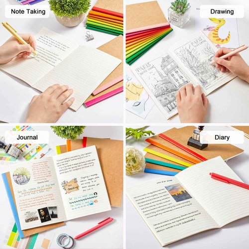 feela 48 Pack Composition Notebooks Bulk, Kraft Cover Lined Blank College Ruled Composition Travel Journals with Rainbow Spines For Women Students Business, 60 Pages, 8.3”x 5.5”, A5, 16 Colors