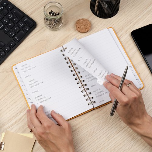 Clever Fox Password Book Spiral – Internet Address & Password Organizer with Laminated Alphabetical Tabs – Password Keeper Journal – Hardcover, Medium Size, 6.1x7.7” (Amber Yellow)