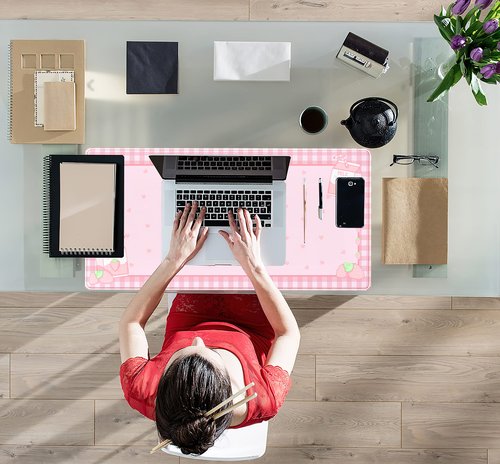 Cute Pink Plaid Desk Mats Strawberry Milk Gaming Desk Pad, Kawaii Extended Mouse Pad Kawaii Large Keyboard Mats XXL, Laptop Mat for Desk, Desktop Mat Mousepad Office Decor for Women 31.5"x15.75"