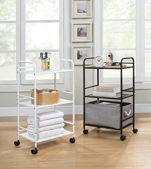 SunnyPoint 3-Tier Rolling Utility Cart – Metal Storage Organizer with Wheels, Mobile Kitchen Cart, Office & Home Organizer, White, 12" D x 16.92" W x 31.1" H