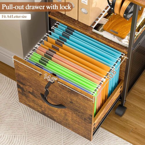 ThreeHio Small Filing Cabinet with Lock, Printer Stand with File Storage, Rolling Locking File Cabinet with Drawer Vertical File Cart with Wheels, Lockable Filing Cabinet for Home Office