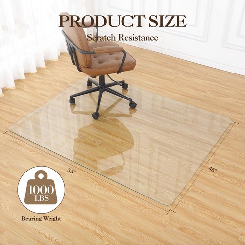 Tempered Glass Office Chair Mat, 0.2 Inch Thick Clear Glass Floor Carpet with Round Corner and Polished Edges, 1000 Lbs Capacity, Scratch-Resistant, Desk Mat for Office(55" x 46")