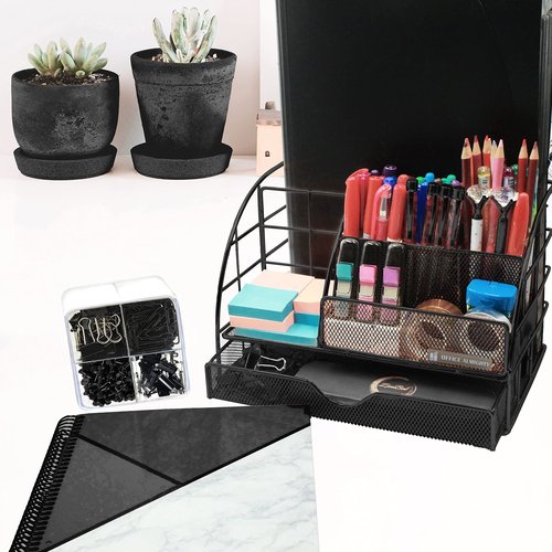 OFFICE ALMIGHTY Black Desk Organizer for Men: Exclusive Large 7 in 1 Mesh Coated Metal Supplies Organizer with Pen Holders, Folder Holder & Accessories Drawer & 171 Clips Set w/a Plastic Box