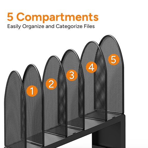 OUTIOE 5-Section Desk File Organizer, Metal Mesh Folder Organizer for Documents, Mail & Office Papers (Black)