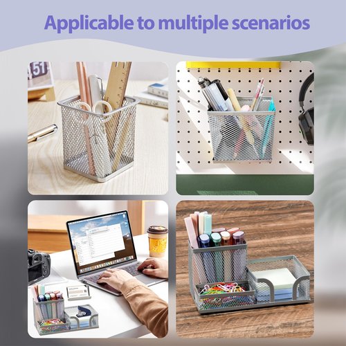 GATUSOO 4 Pcs Set Mesh Pen Holder for Desk Pencil Holders, Desk Organizer Office Supplies Caddy - Sticky Notes, Cards, Phones, Stationery Holder for Office School Home (Silvery)