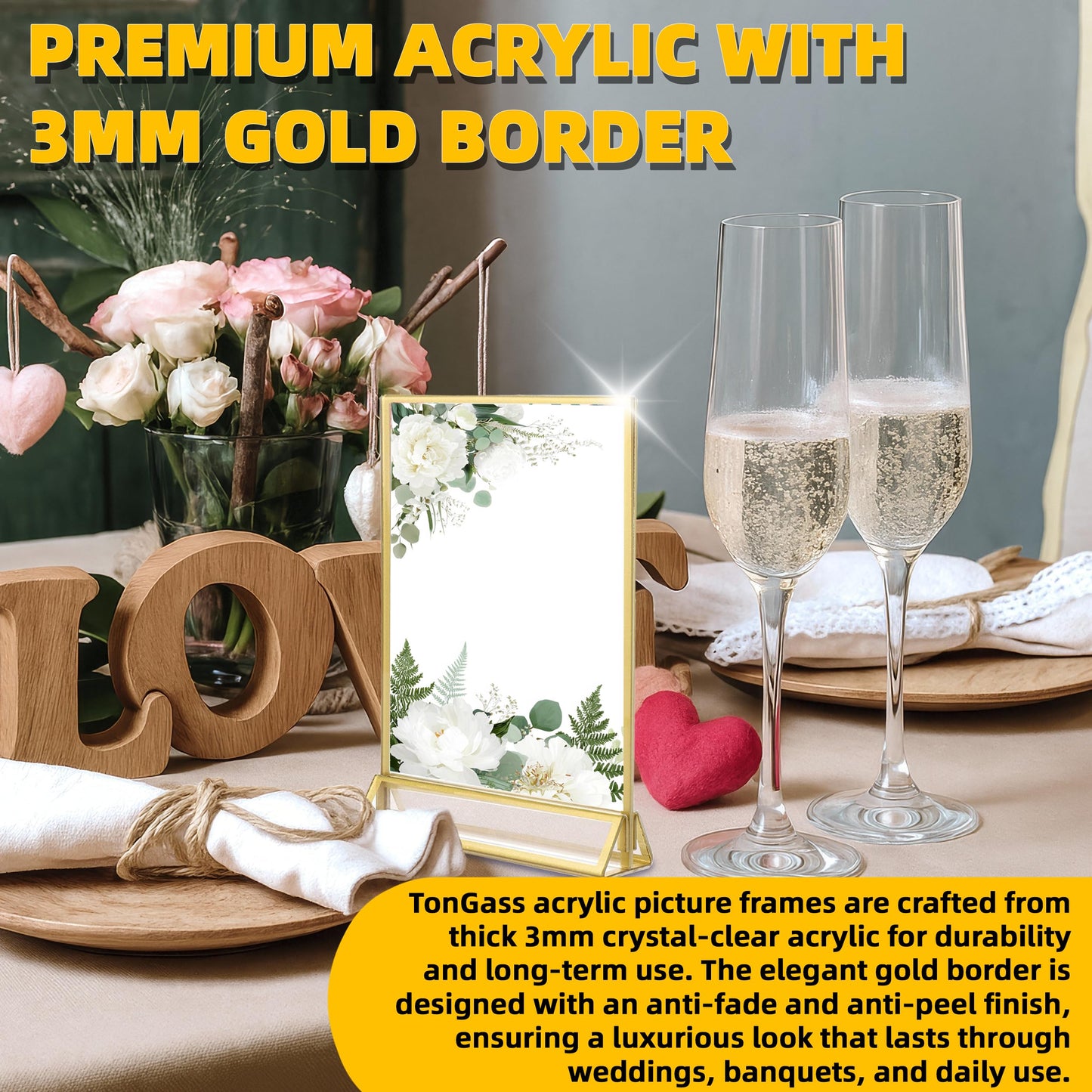 TonGass 12-Pack 5"x7" Gold Acrylic Picture Frames – 3mm Gold Border Wedding Table Number Holders, Clear Double-Sided Acrylic Sign Holders for Weddings, Banquets, Parties, Centerpieces