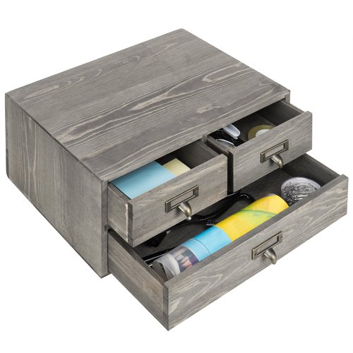 MyGift Rustic Gray Solid Wood Office Supplies Desk Organizer with 3 Pull Out Drawers and Metal Label Holder