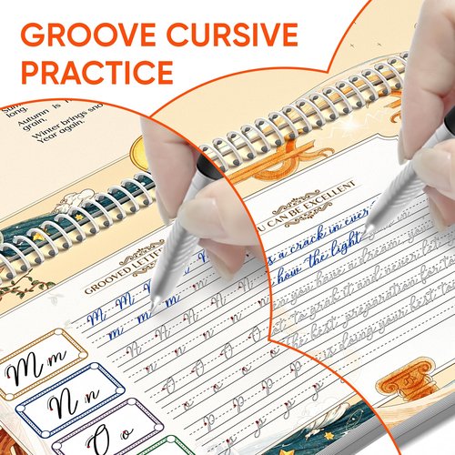 TIME X Grooved Cursive Handwriting Workbook Kit - Cursive Handwriting Workbook for Kids 8-12 and Adults - 3Pcs Magic Reusable Handwriting Workbook with Detachable Quote Postcards - 12.6"x10.6"