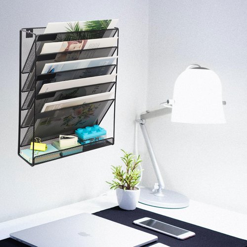 EASEPRES 5+1 Tier Mesh Desk File Organizer, Hanging Wall Mount Document Organization Stand, Desktop Vertical Mail Paper Folder Holder Rack with Bottom Tray for Office Home Cubicle, Black