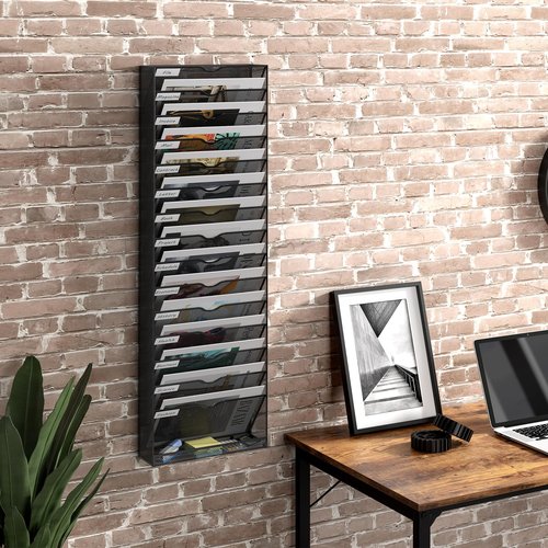 Senhoglb 16 Tier Hanging Wall File Holder, Metal A4 Wall Mounted Document Holder, Vertical Hanging Mail Organizer, Magazine Storage Rack with Tray for Office Home Classroom, Black