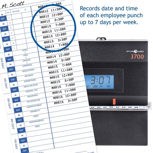 Pyramid Time Systems - 30% Recycled Time Cards (35100-10MB) for Pyramid Models 3500, 3500SS, 3600SS, and 3700 Time Clock and Document Stamp, Single Sided Time Sheets (4 X 9 in) - 1000 Time Cards