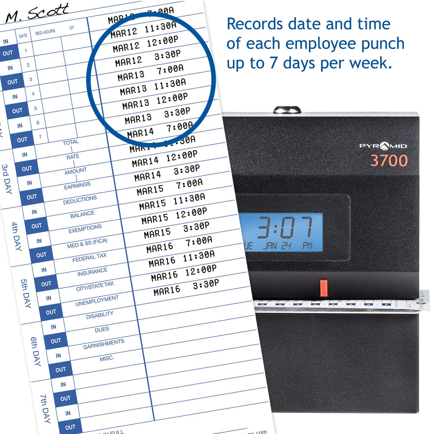 Pyramid Time Systems - 30% Recycled Time Cards (35100-10MB) for Pyramid Models 3500, 3500SS, 3600SS, and 3700 Time Clock and Document Stamp, Single Sided Time Sheets (4 X 9 In) - 1000 Time Cards