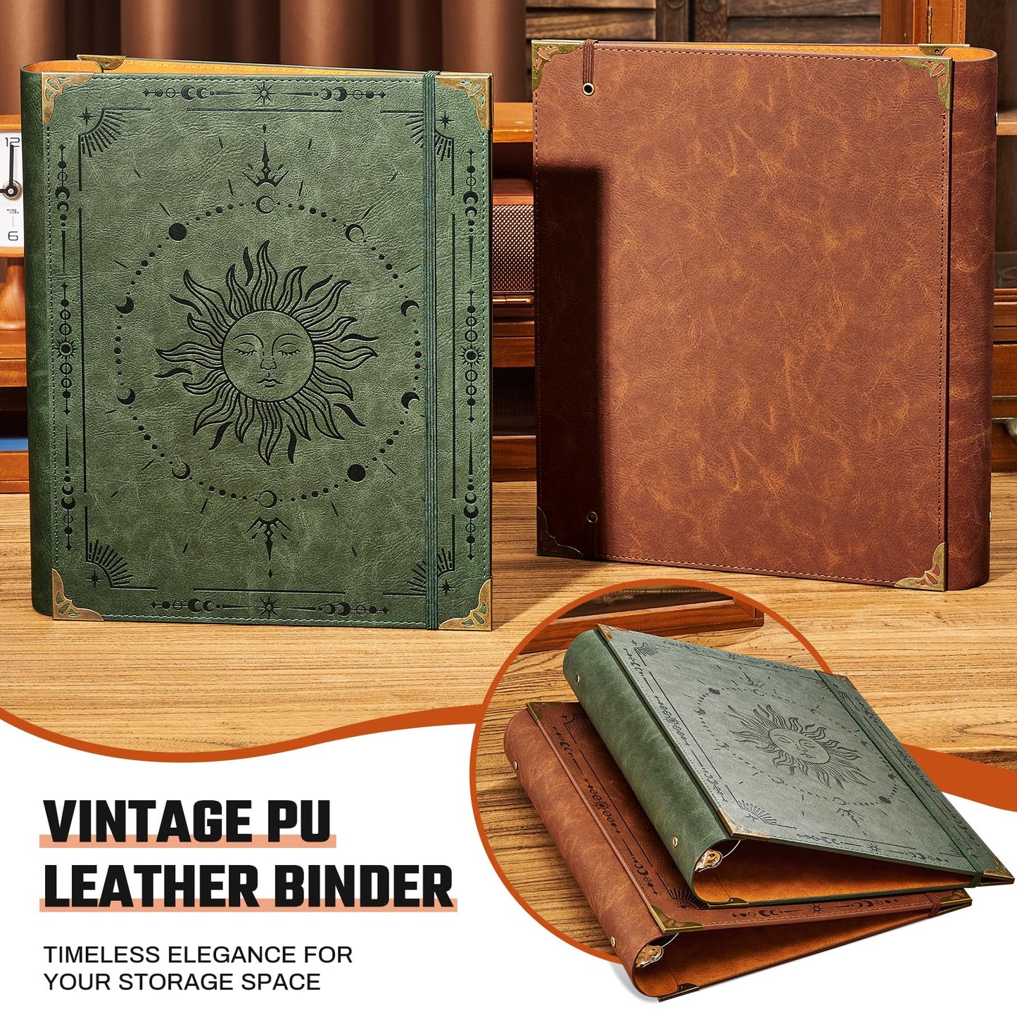 Ovesmusl PU Leather 3 Ring Binder Fits 8.5"x11" Letter Size Paper, 2 Inch Round Ring Binder Holds 500 Sheets, Notepad Paper Cover Loose Leaf Organizer, Brown Sun